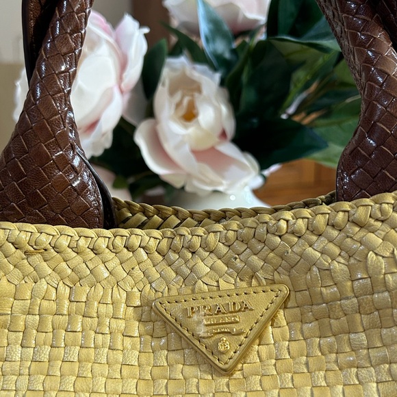 Prada Madras Woven and Leather Tote Bag - Picture 2 of 16